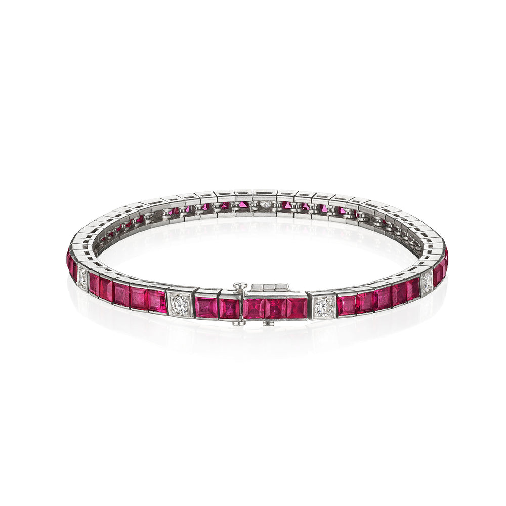 
                      
                        Macklowe Gallery Mid Century Ruby and Diamond Line Bracelet
                      
                    