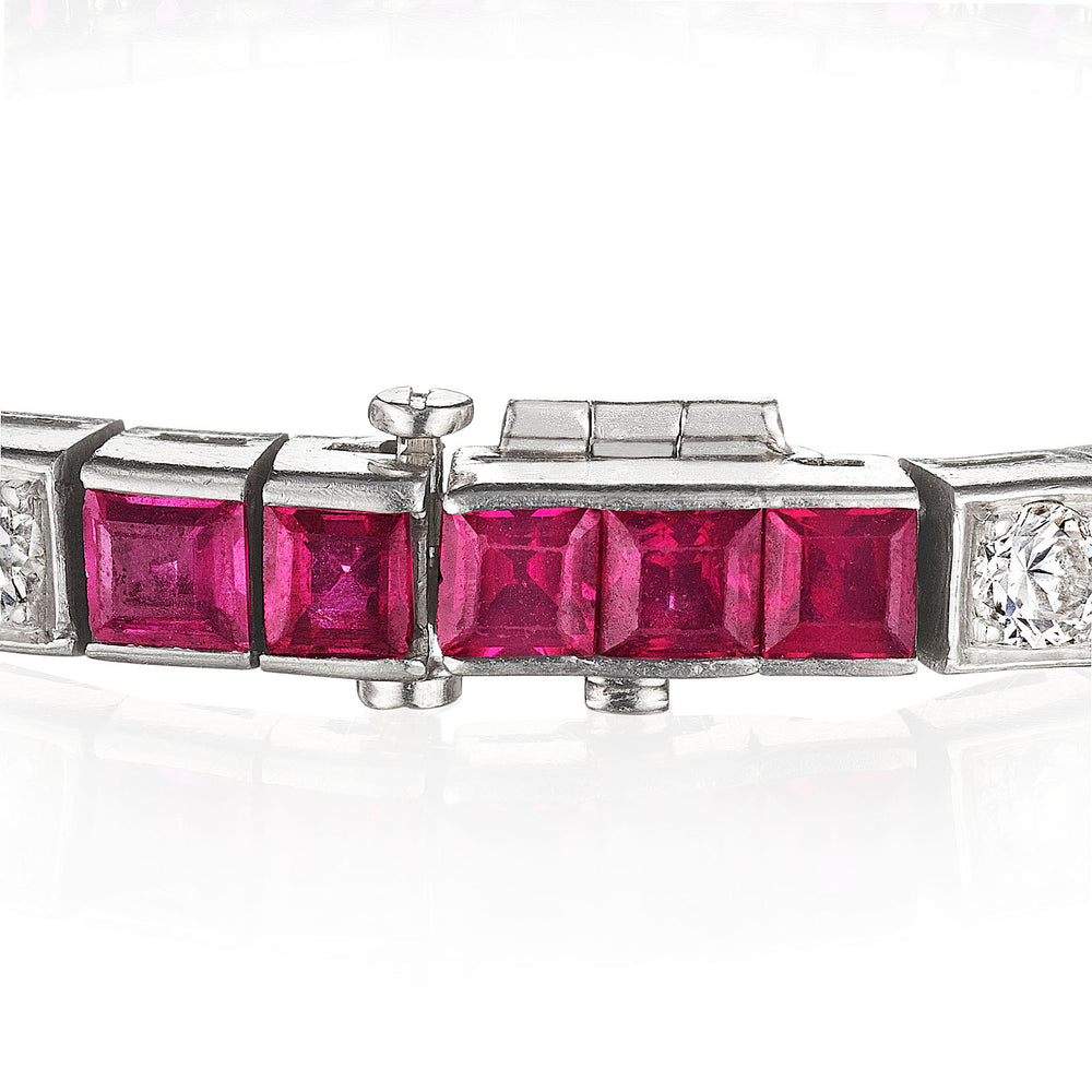 
                      
                        Macklowe Gallery Mid Century Ruby and Diamond Line Bracelet
                      
                    