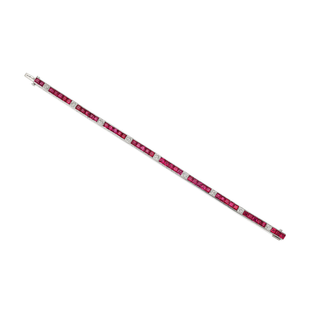 
                      
                        Macklowe Gallery Mid Century Ruby and Diamond Line Bracelet
                      
                    