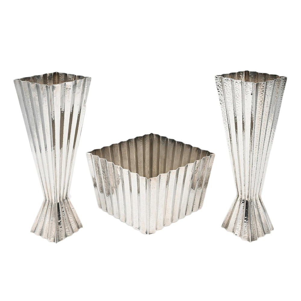 Macklowe Gallery Josef Hoffmann Hammered Silver Centerpiece and Pair of Vases