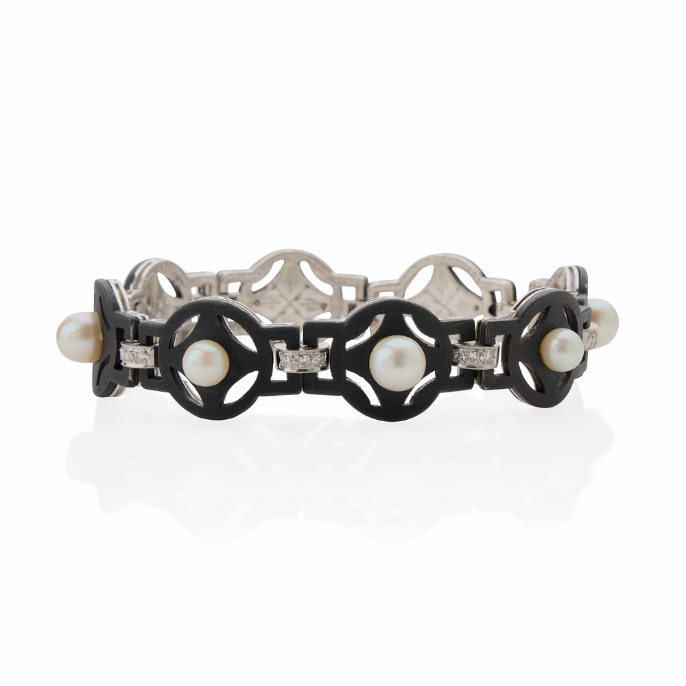 Macklowe Gallery G.T. Marsh & Co. Blackened Steel, Diamond and Cultured Pearl Bracelet