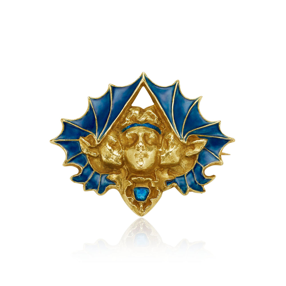 Macklowe Gallery René Lalique Art Nouveau 18K Gold and Enamel Bat Brooch
