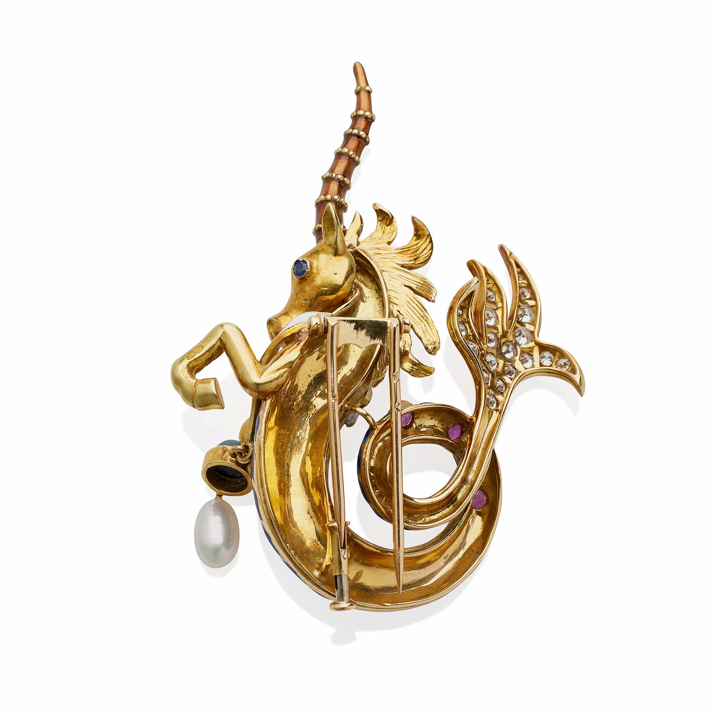 Macklowe Gallery French 1960s Enamel and Gem-set Sea Unicorn Brooch, Jean Thierry Bondt