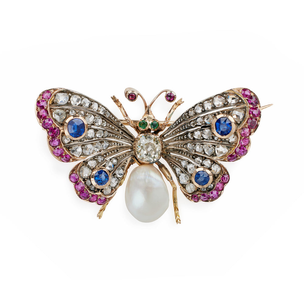 Macklowe Gallery Antique Diamond, Pearl and Gem-set Butterfly Brooch