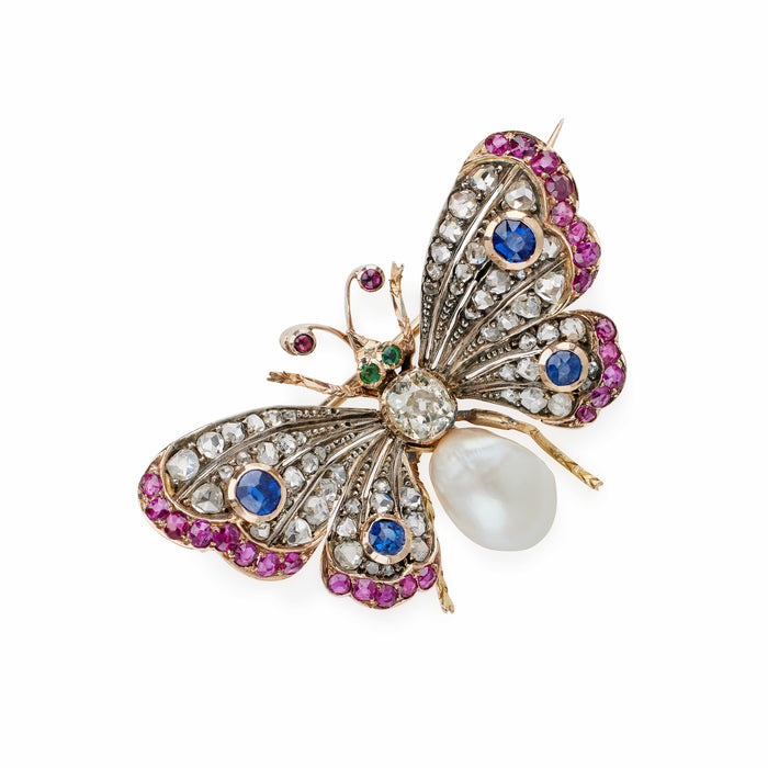 Macklowe Gallery Antique Diamond, Pearl and Gem-set Butterfly Brooch