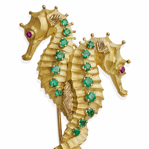 Macklowe Gallery Tiffany & Co. Georges Lenfant 18k Gold and Emerald Double Seahorse Brooch