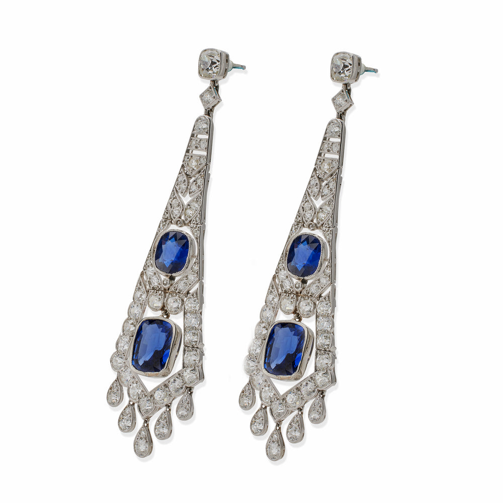 
                      
                        Macklowe Gallery French Art Deco AGL Natural No-Heat Sapphire and Diamond Pendant Earrings
                      
                    