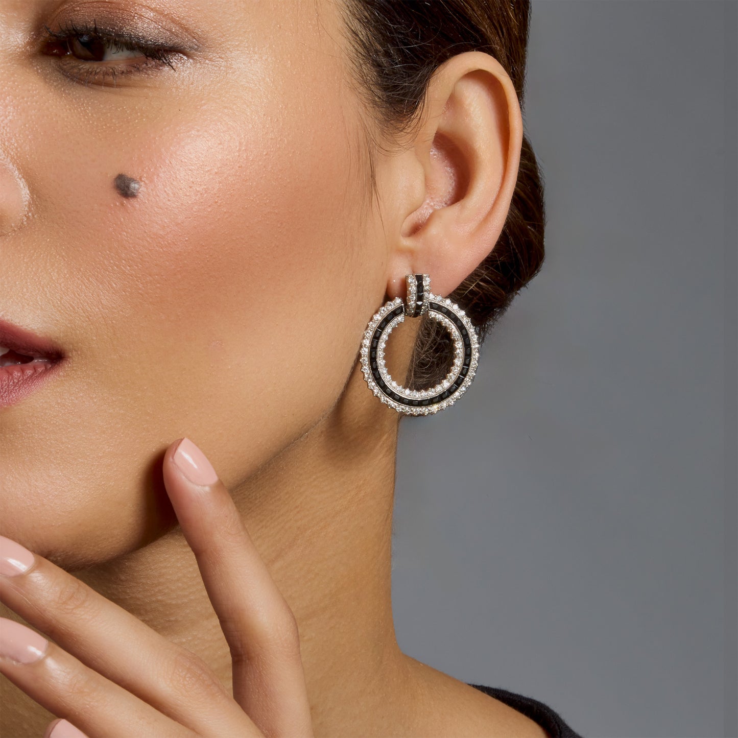 Macklowe Gallery Cartier Attributed Art Deco Onyx and Diamond Hoop Earrings