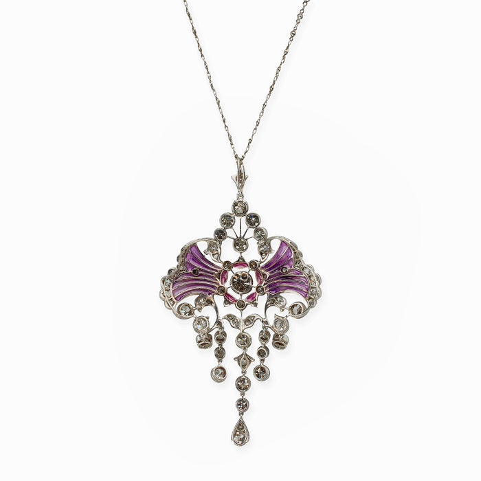 Macklowe Gallery Edwardian Diamond and Plique-à-jour Enamel Pendant Necklace