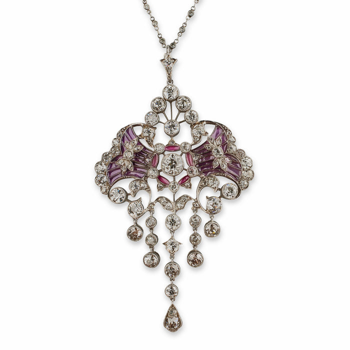 Macklowe Gallery Edwardian Diamond and Plique-à-jour Enamel Pendant Necklace