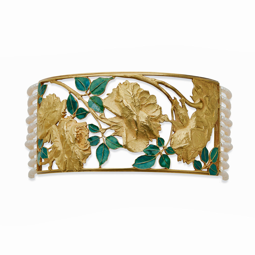 Macklowe Gallery René Lalique Art Nouveau 18K Gold, Enamel and Seed Pearl 