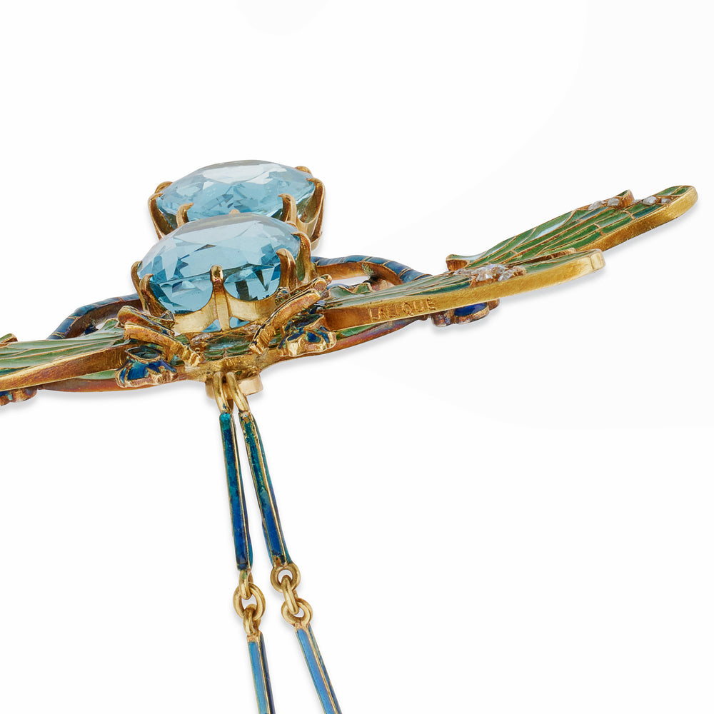 
                      
                        Macklowe Gallery René Lalique Art Nouveau Plique-à-jour Enamel and Aquamarine "Four Dragonflies" Pendant Necklace
                      
                    