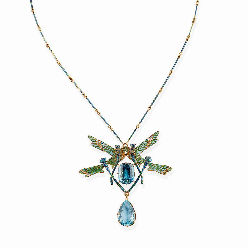 
                      
                        Macklowe Gallery René Lalique Art Nouveau Plique-à-jour Enamel and Aquamarine "Four Dragonflies" Pendant Necklace
                      
                    