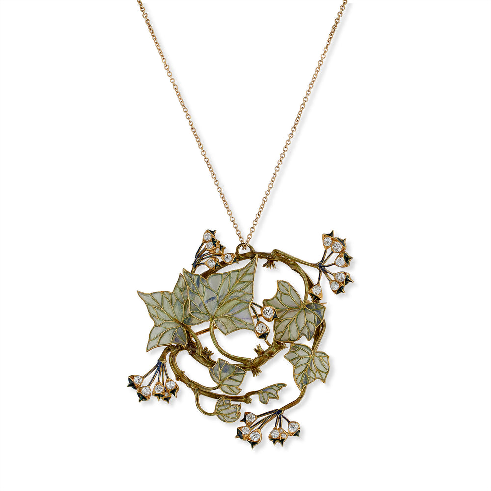 
                      
                        Macklowe Gallery René Lalique Art Nouveau Plique-à-Jour Enamel and Diamond "Lierre" Ivy Pendant Brooch/Necklace
                      
                    