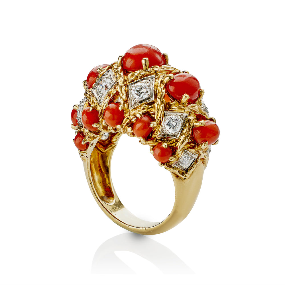 
                      
                        Macklowe Gallery André Vassort Paris Coral and Diamond Bombé Ring
                      
                    