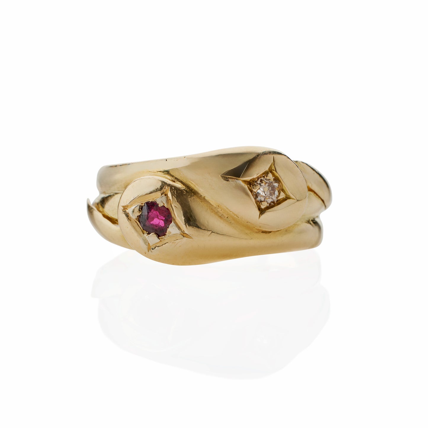 Macklowe Gallery Antique English 18K Gold, Diamond and Ruby Double Snake Ring