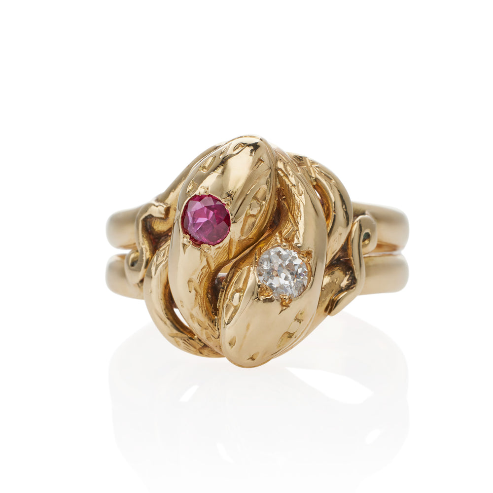 Macklowe Gallery Antique 18K Gold, Ruby and Diamond Double Snake Ring