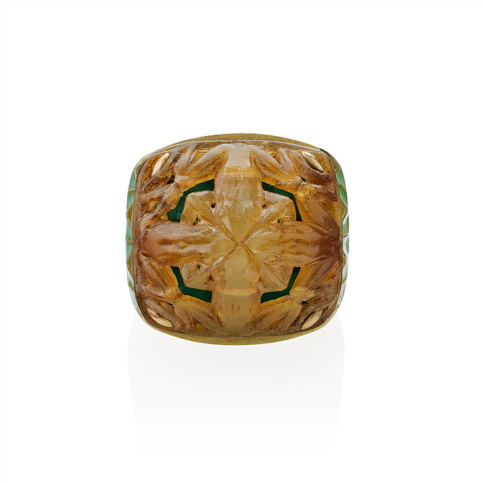 Macklowe Gallery René Lalique Art Nouveau Carved Horn and Plique-à-jour Enamel  "Grenouilles" or Frogs Ring