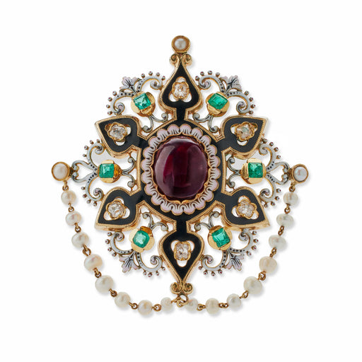 Macklowe Gallery French Renaissance Revival "Holbeinesque" Garnet, Diamond and Enamel Day/Night Girandole Pendant Earrings and Brooch