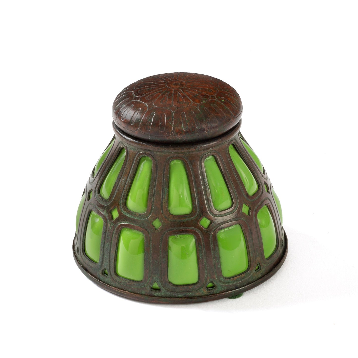 Macklowe Gallery Tiffany Studios New York Bronze and Green Glass Inkwell