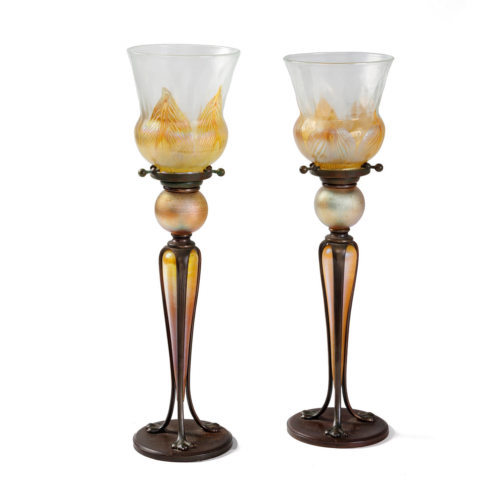 Macklowe Gallery Tiffany Studios New York Pair of "Catspaw" Candlesticks with Favrile Shades