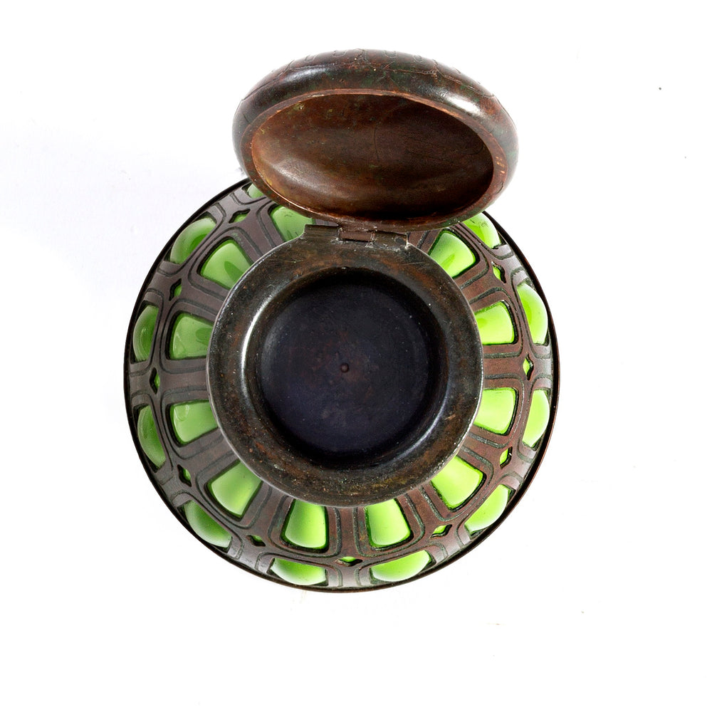 
                      
                        Macklowe Gallery Tiffany Studios New York Bronze and Green Glass Inkwell
                      
                    