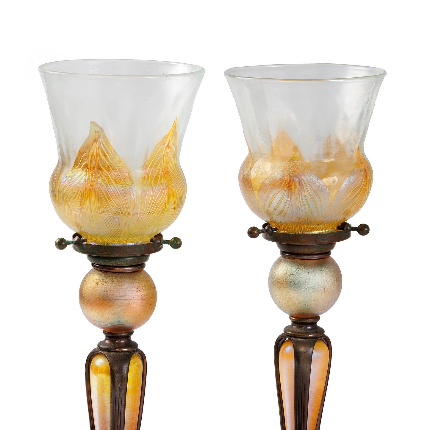 Macklowe Gallery Tiffany Studios New York Pair of "Catspaw" Candlesticks with Favrile Shades