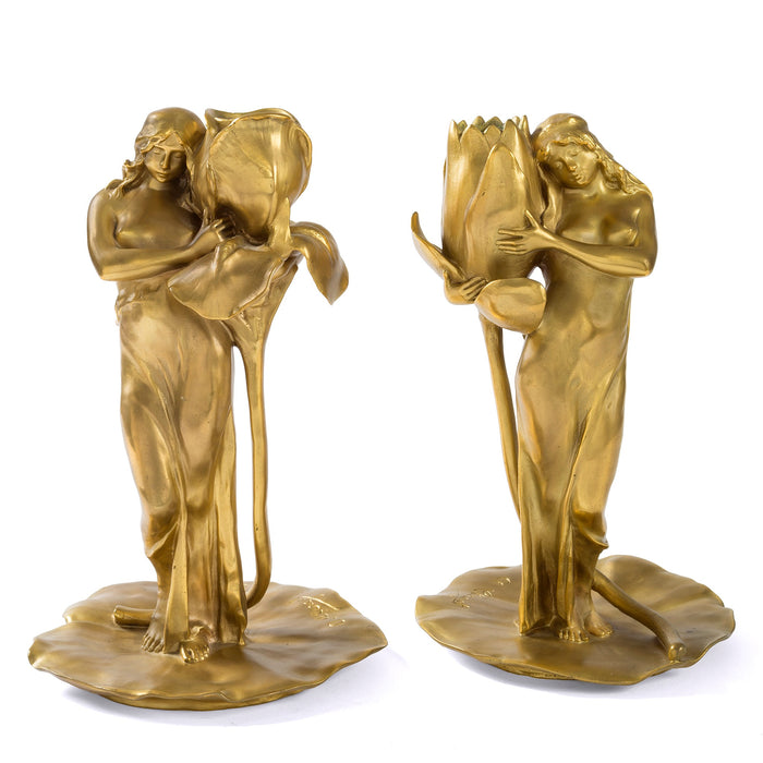 Macklowe Gallery Alexandre Clerget "Iris & Lotus" Gilt Bronze Candlesticks