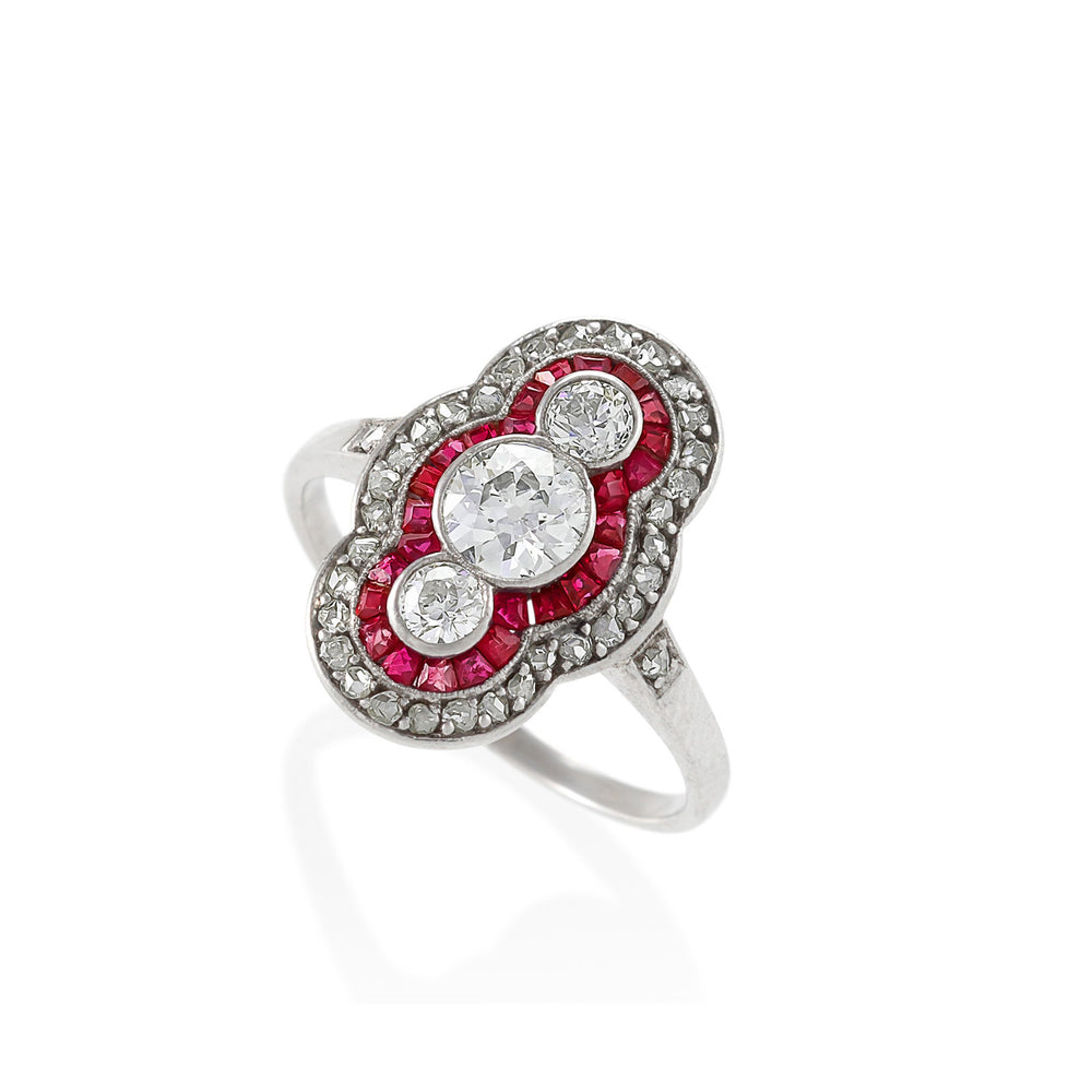 Macklowe Gallery Ruby and Three-Stone Diamond Shield Ring