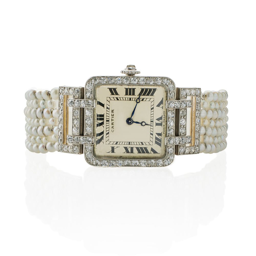 
                      
                        Macklowe Gallery Cartier Paris and Edmond Jaeger Seed Pearl and Diamond Wristwatch
                      
                    