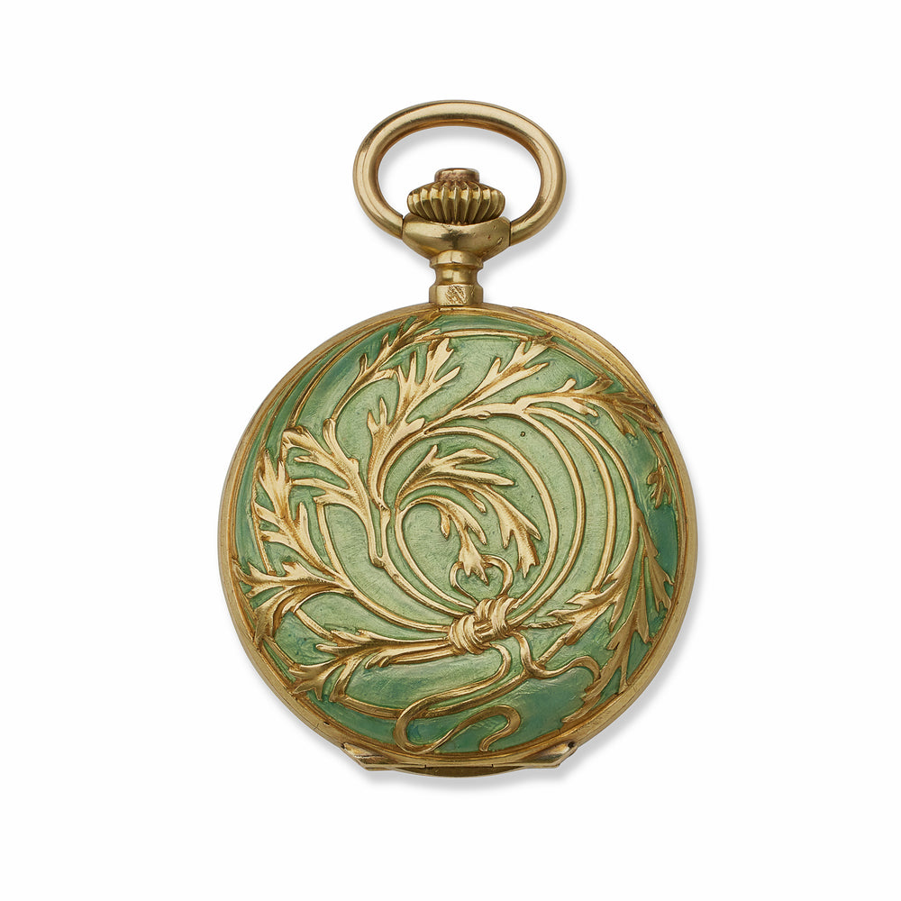 
                      
                        Macklowe Gallery René Lalique Art Nouveau Enamel and 18K Gold "Marguerite" Pendant Watch
                      
                    