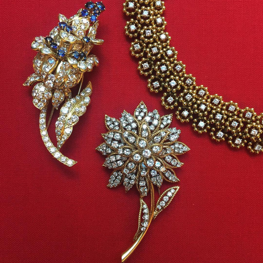 
                      
                        Macklowe Gallery Lacloche Frères Diamond and Sapphire Flower Brooch
                      
                    