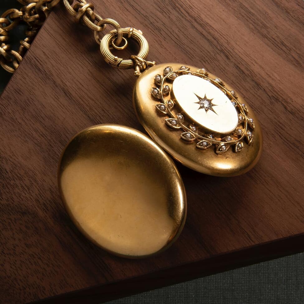 
                      
                        Macklowe Gallery Diamond and Seed Pearl Gold Locket Necklace
                      
                    