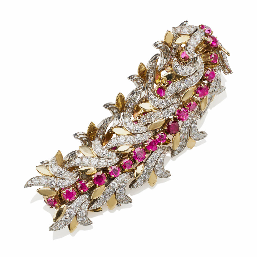 
                      
                        Macklowe Gallery Tiffany & Co. Burmese Ruby and Diamond Leaf Bracelet
                      
                    