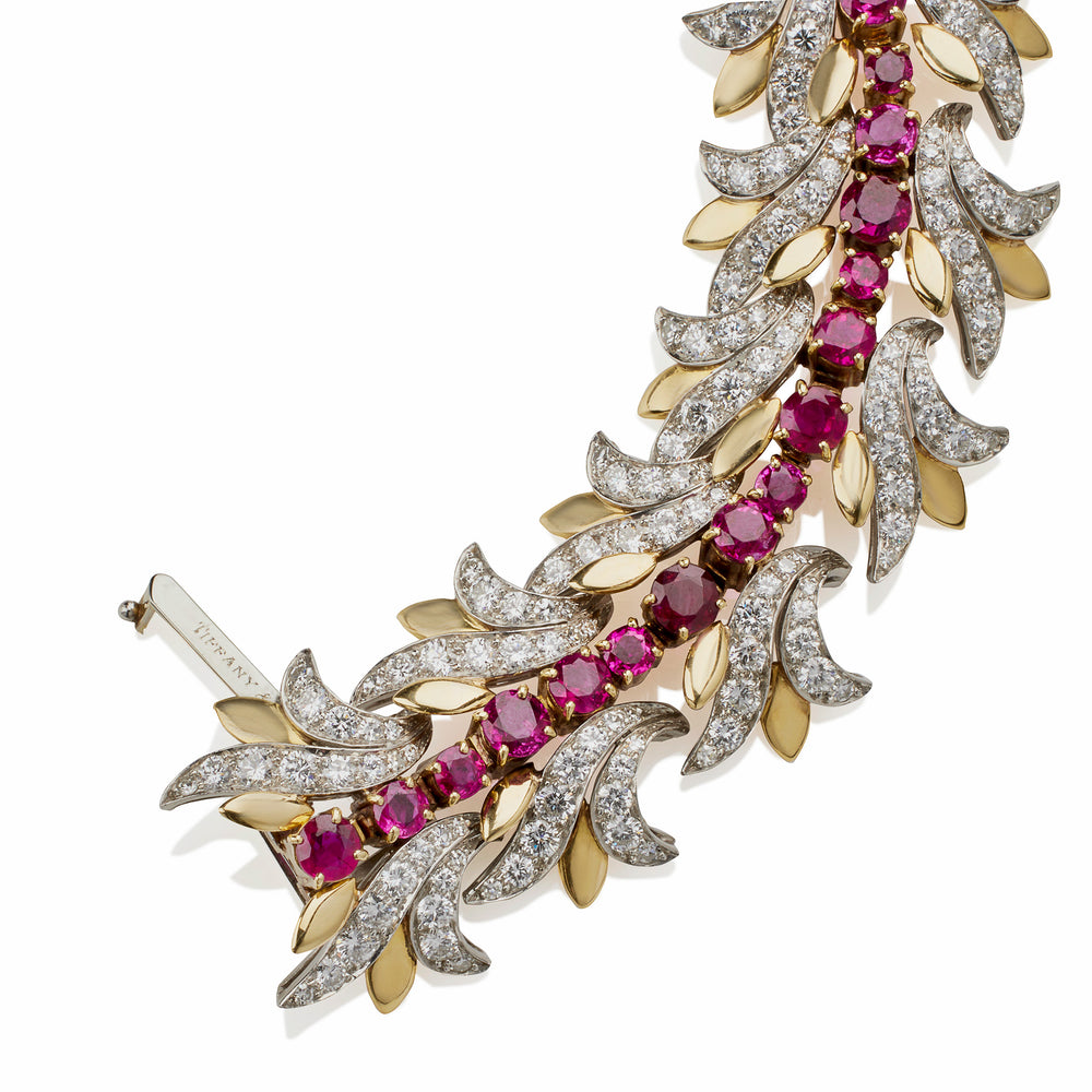 
                      
                        Macklowe Gallery Tiffany & Co. Burmese Ruby and Diamond Leaf Bracelet
                      
                    