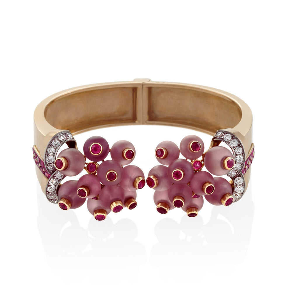 
                      
                        Macklowe Gallery Georges Verger Retro Rose Quartz and Ruby Bracelet Cuff
                      
                    