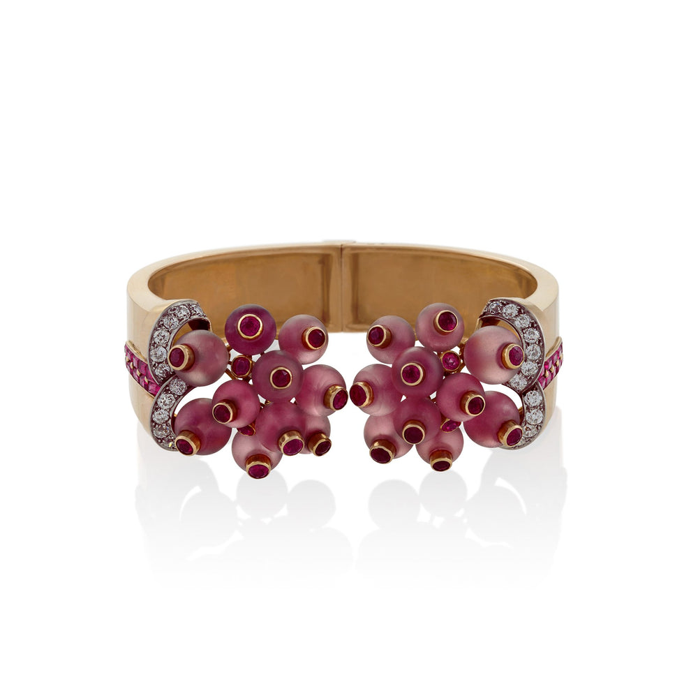 
                      
                        Macklowe Gallery Georges Verger Retro Rose Quartz and Ruby Bracelet Cuff
                      
                    