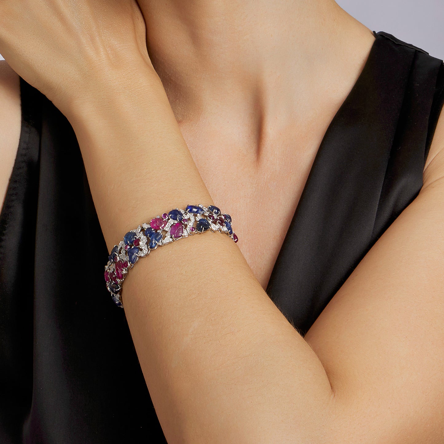 Macklowe Gallery Carved Ruby, Sapphire and Diamond Tutti Frutti Strap Bracelet