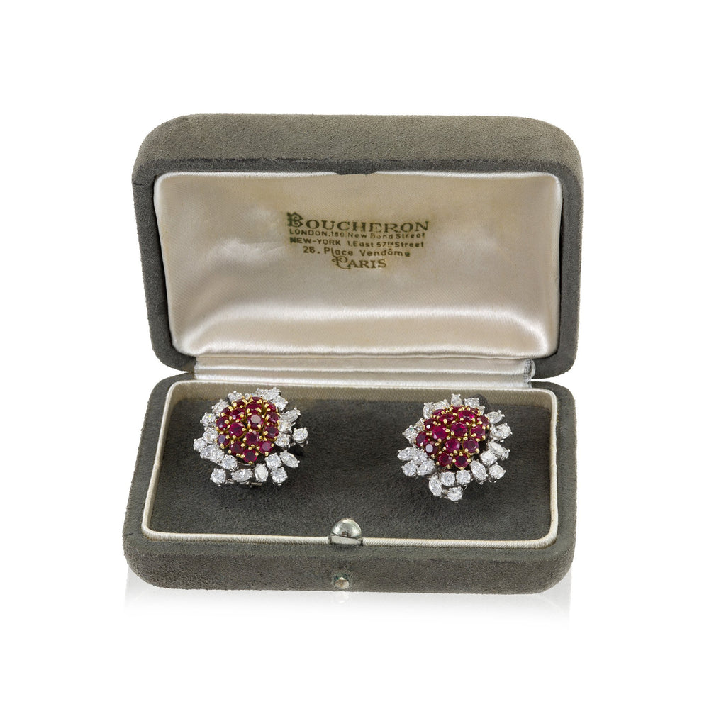 
                      
                        Macklowe Gallery Boucheron Paris Ruby and Diamond Flower Earrings
                      
                    