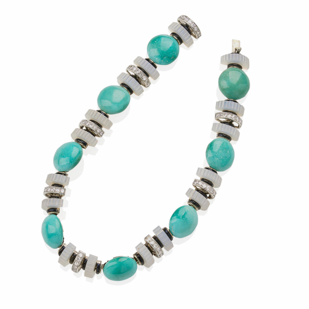 
                      
                        Macklowe Gallery Mauboussin Turquoise, Chalcedony and Diamond Necklace
                      
                    
