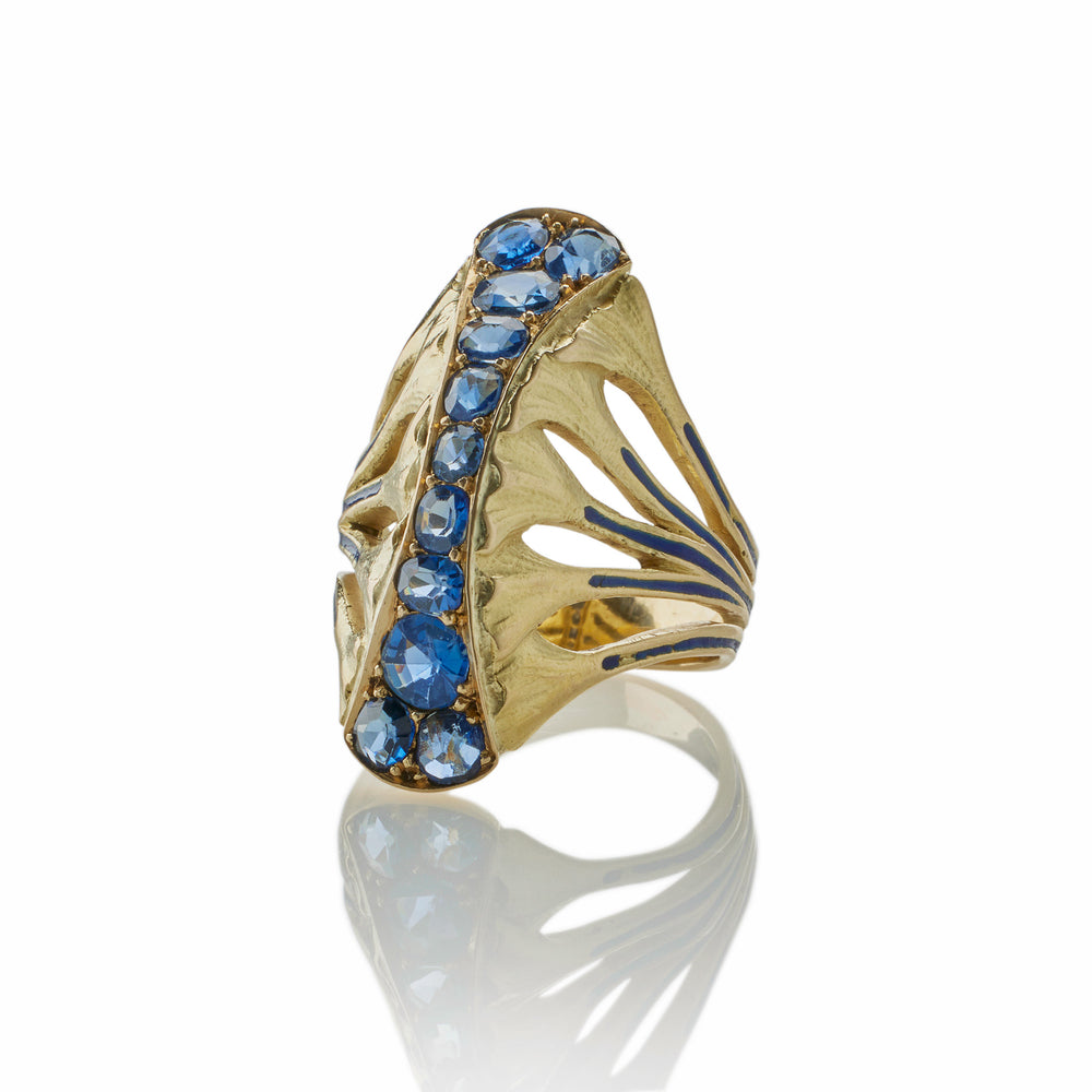 
                      
                        Macklowe Gallery Rare Edouard de Martilly Paris Sapphire and Enamel Lotus Flower Ring
                      
                    