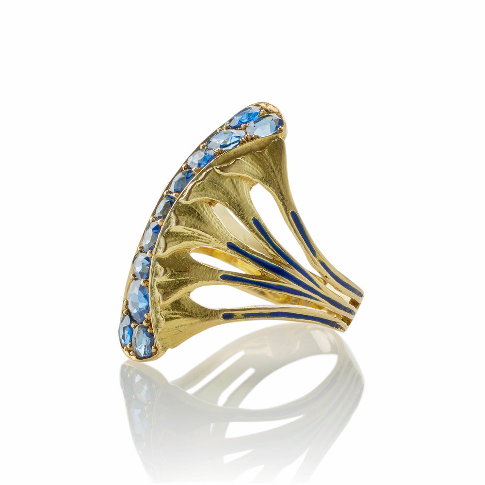 
                      
                        Macklowe Gallery Rare Edouard de Martilly Paris Sapphire and Enamel Lotus Flower Ring
                      
                    