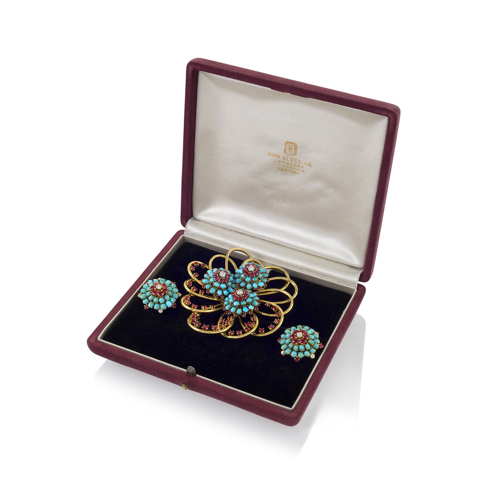 
                      
                        Macklowe Gallery John Rubel Pavé Turquoise and Ruby Brooch and Earrings Suite
                      
                    