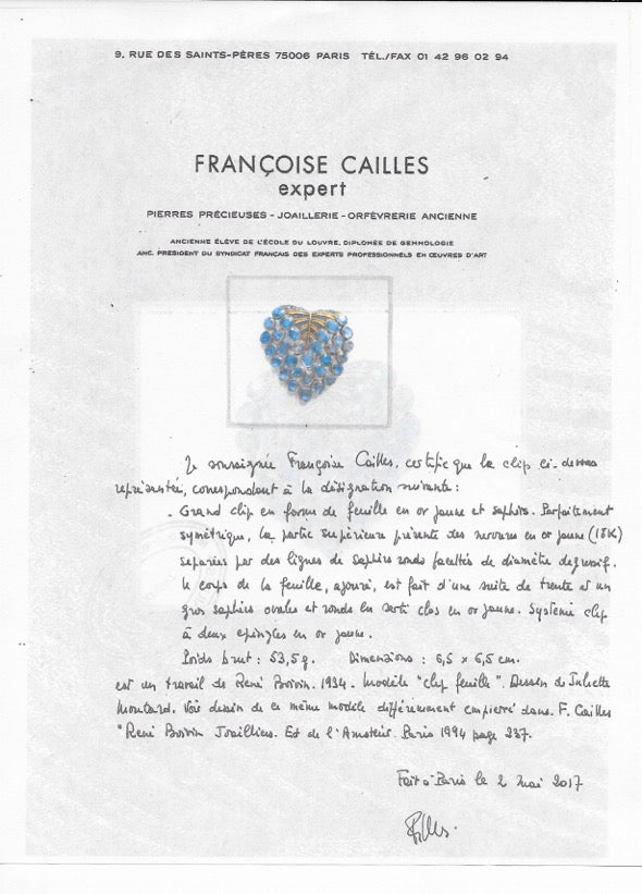 
                      
                        Macklowe Gallery René Boivin Sapphire “Feuille” Brooch
                      
                    